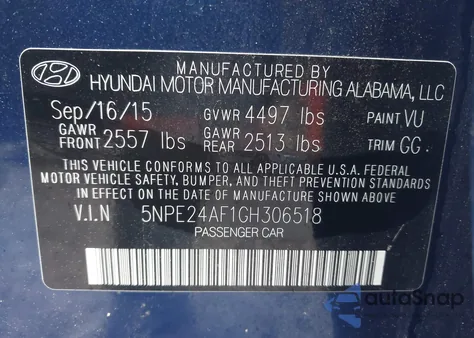 2016 Hyundai Sonata Se z USA, uszkodzony, nr VIN 5NPE24AF1GH306518